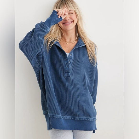 aerie Tops - Aerie Oversized Textured Henley Hoodie Blue Pullover